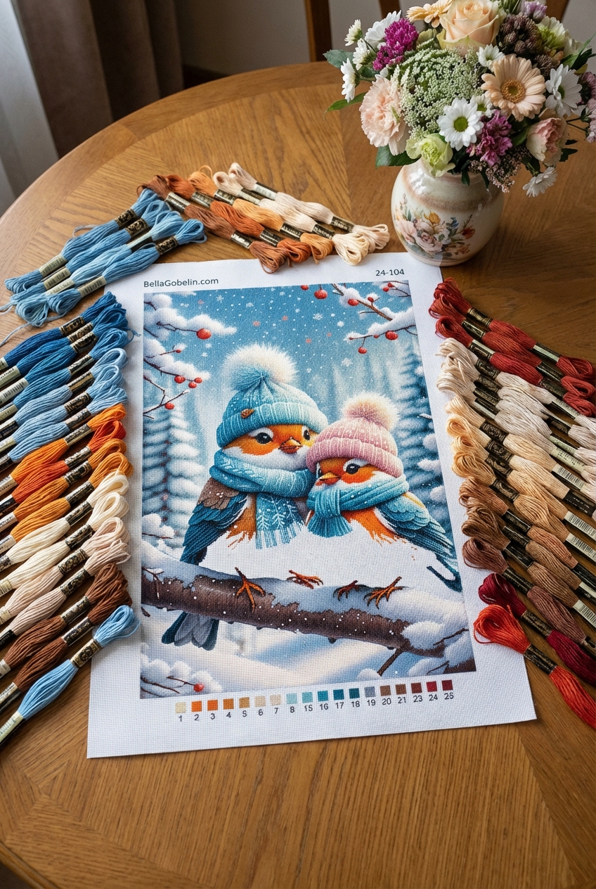 Little birds in a scarf and hat