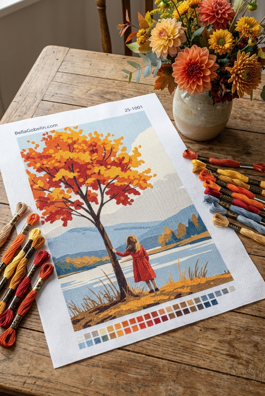 Little girl by the tree (needlepoint tapestry)