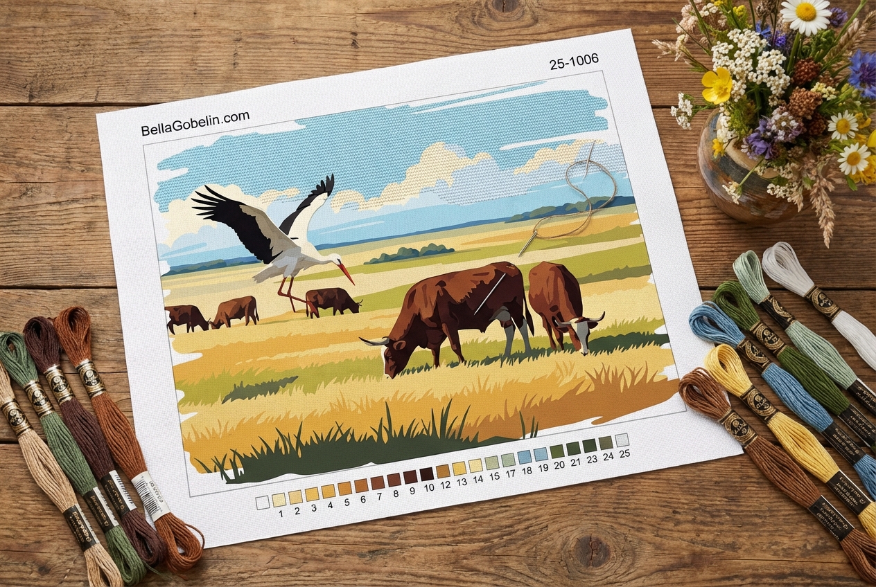Hungarian landscape with a stork and cows (needlepoint tapestry)