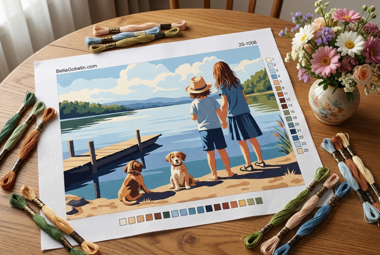 Children and puppies at the lake