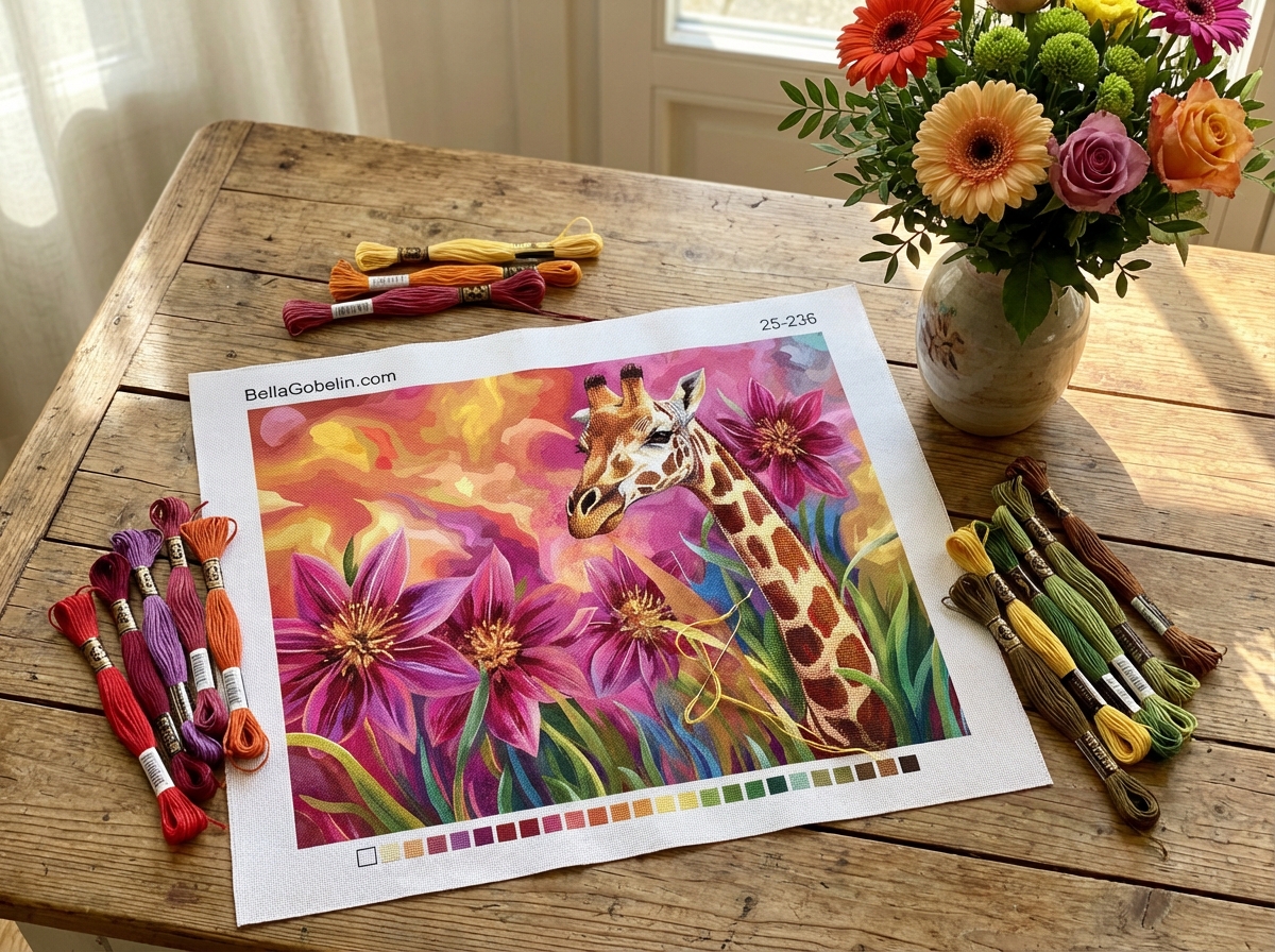 Giraffe among flowers