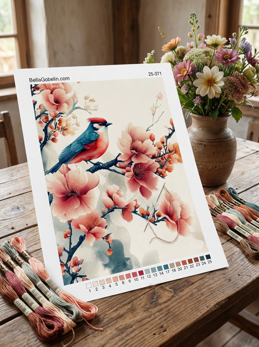 Chinese style: small bird on a flowering branch