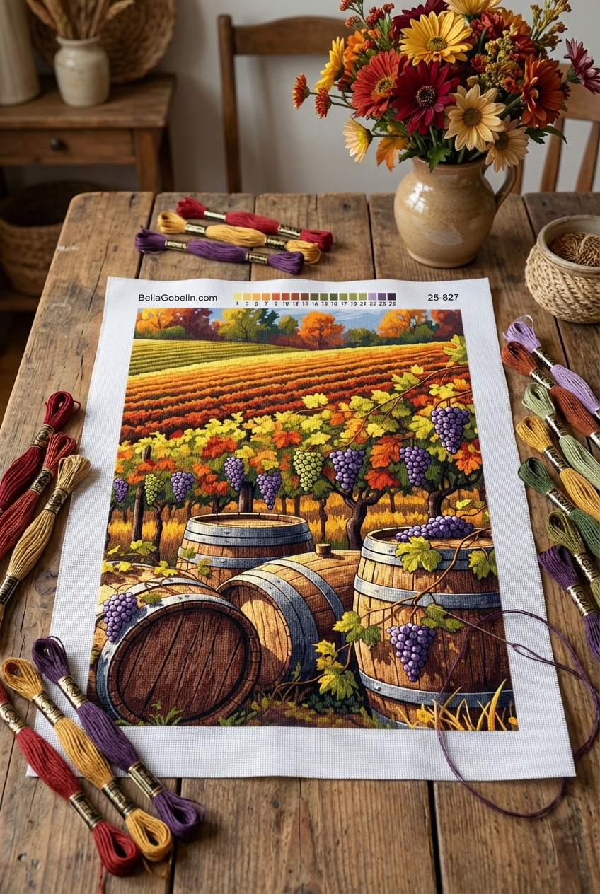 A harvest moment captured in a needlepoint tapestry