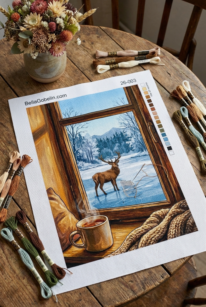 Inside warm, outside cold, a painting with a deer.