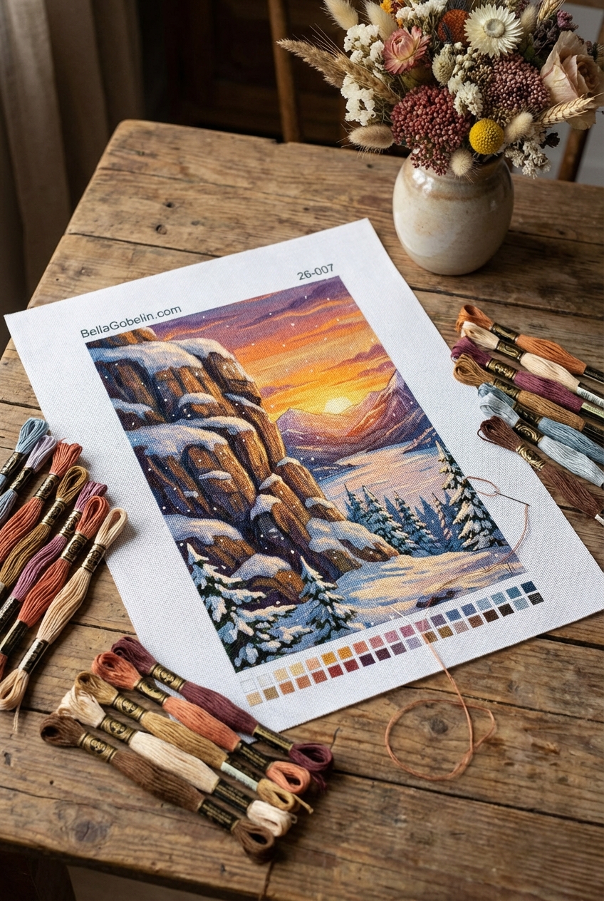 Sunset at the frozen lake