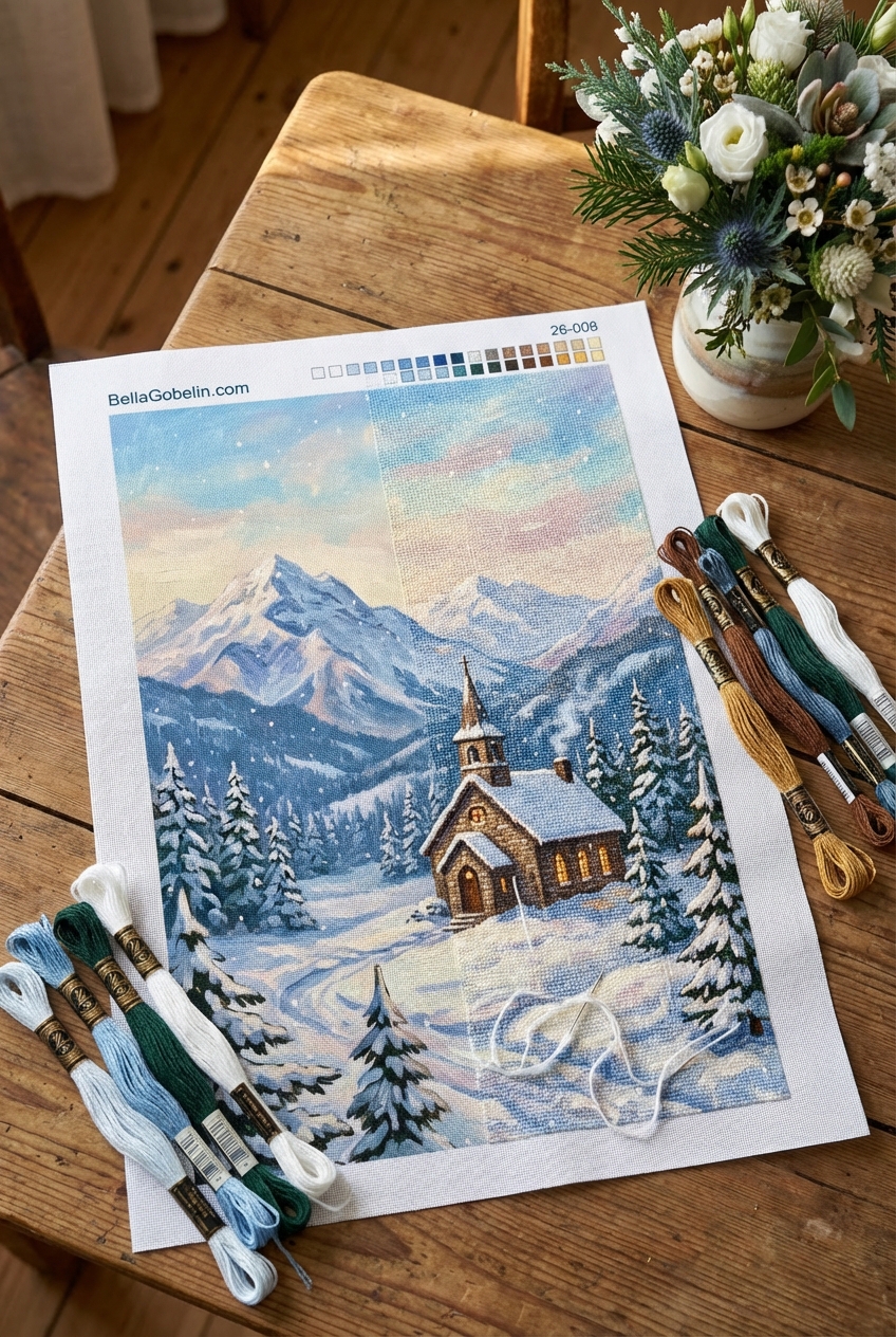 Winter scene at the Eredi Church with a tapestry embroidery