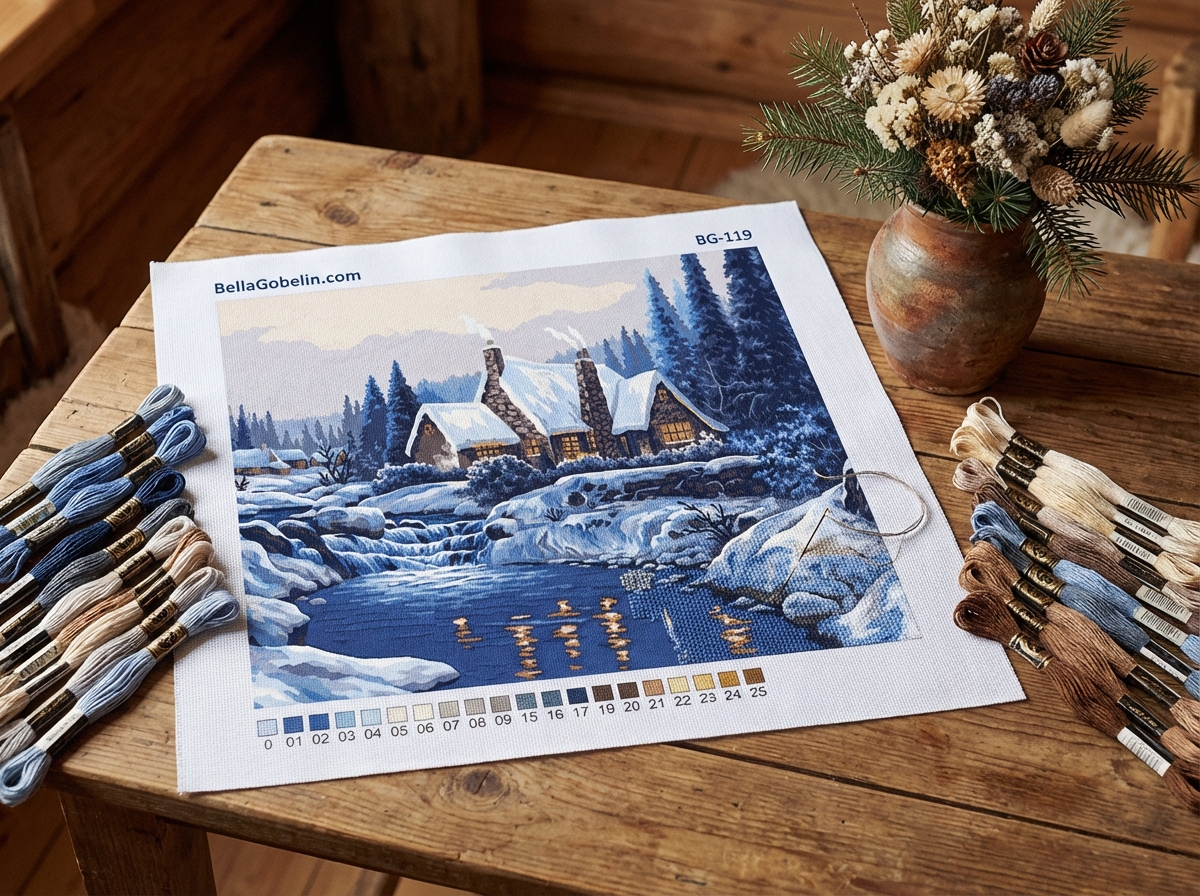 Snowy landscape by the mountain house