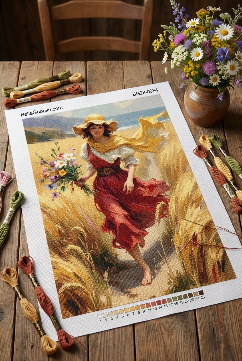 Girl with flowers in a meadow — needlepoint tapestry