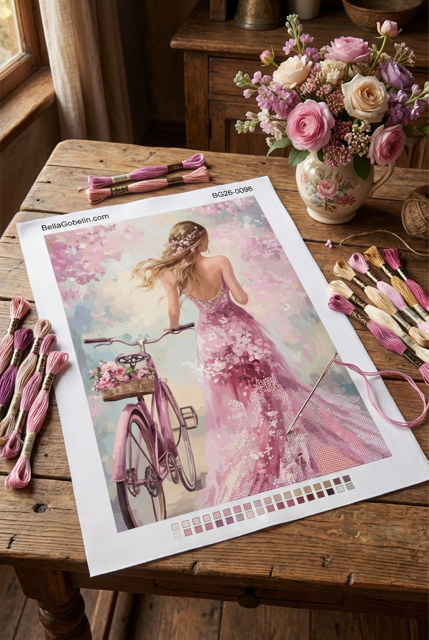 A girl with flowers riding a bicycle, depicted in a needlepoint tapestry.
