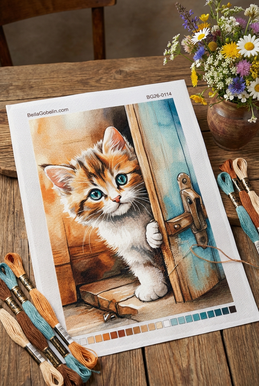 Kitten at the door on a tapestry or needlepoint
