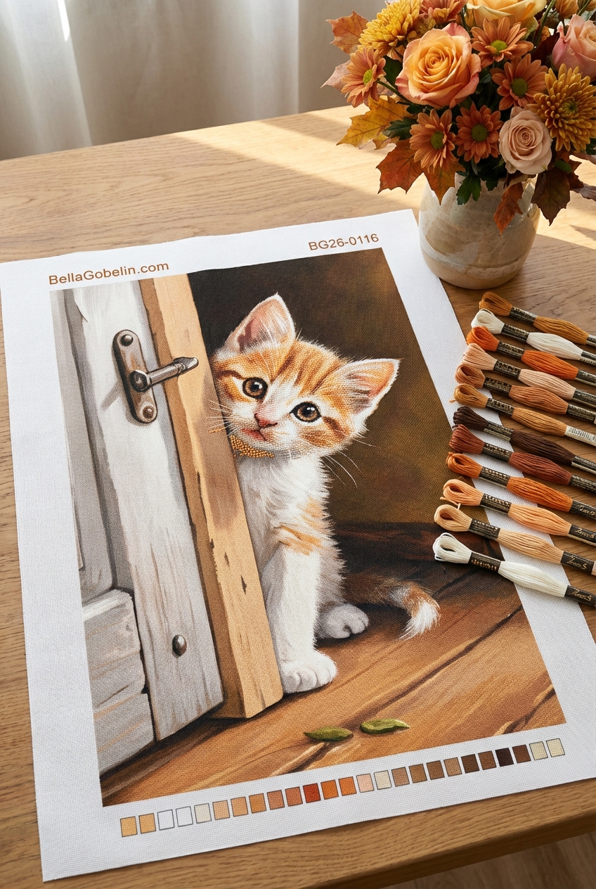 Cute little cat in front of the door