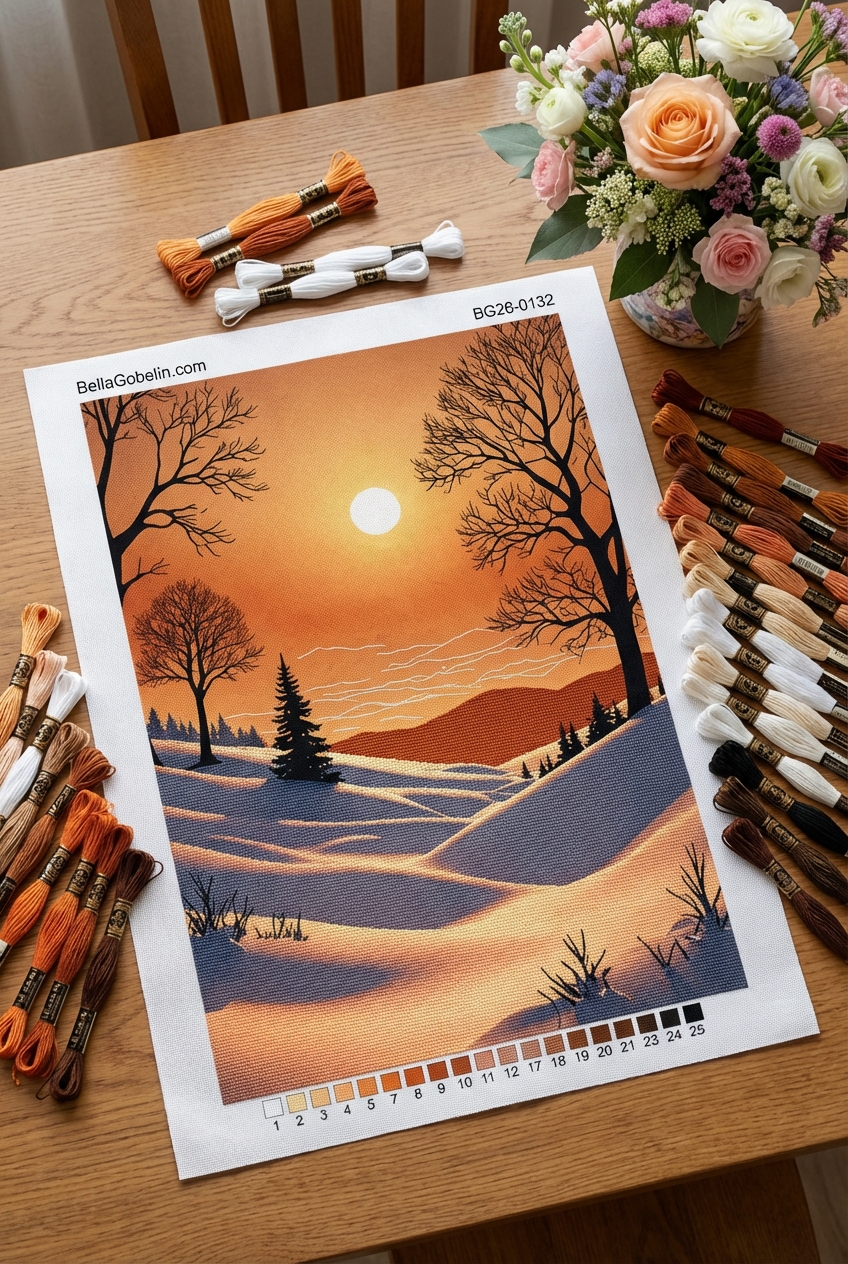 Winter landscape with an orange sky
