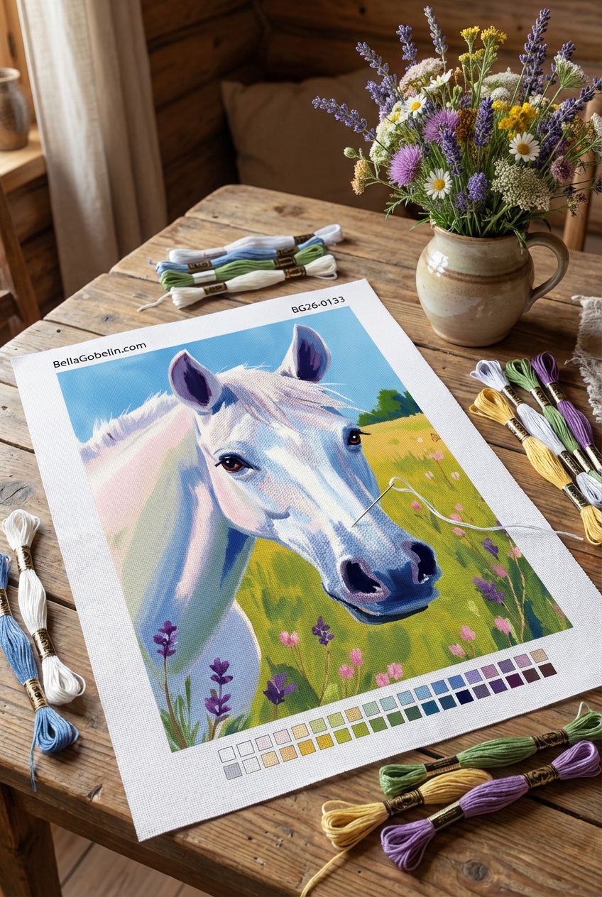 White horse in a field of flowers