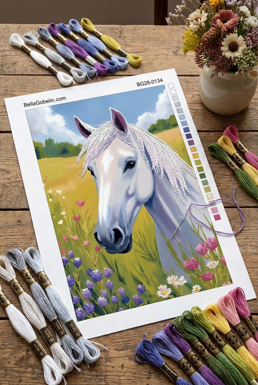 White horse in a field of flowers