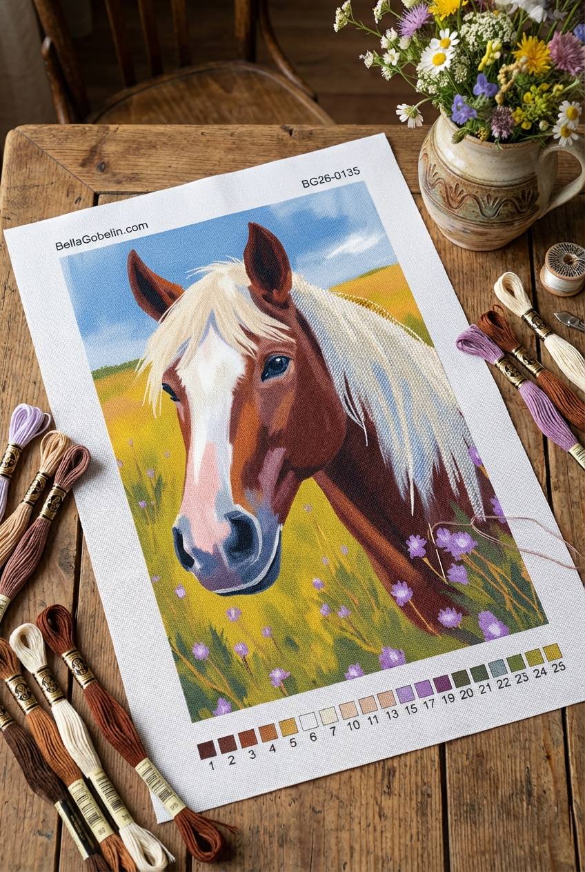 Horse portrait in a floral meadow