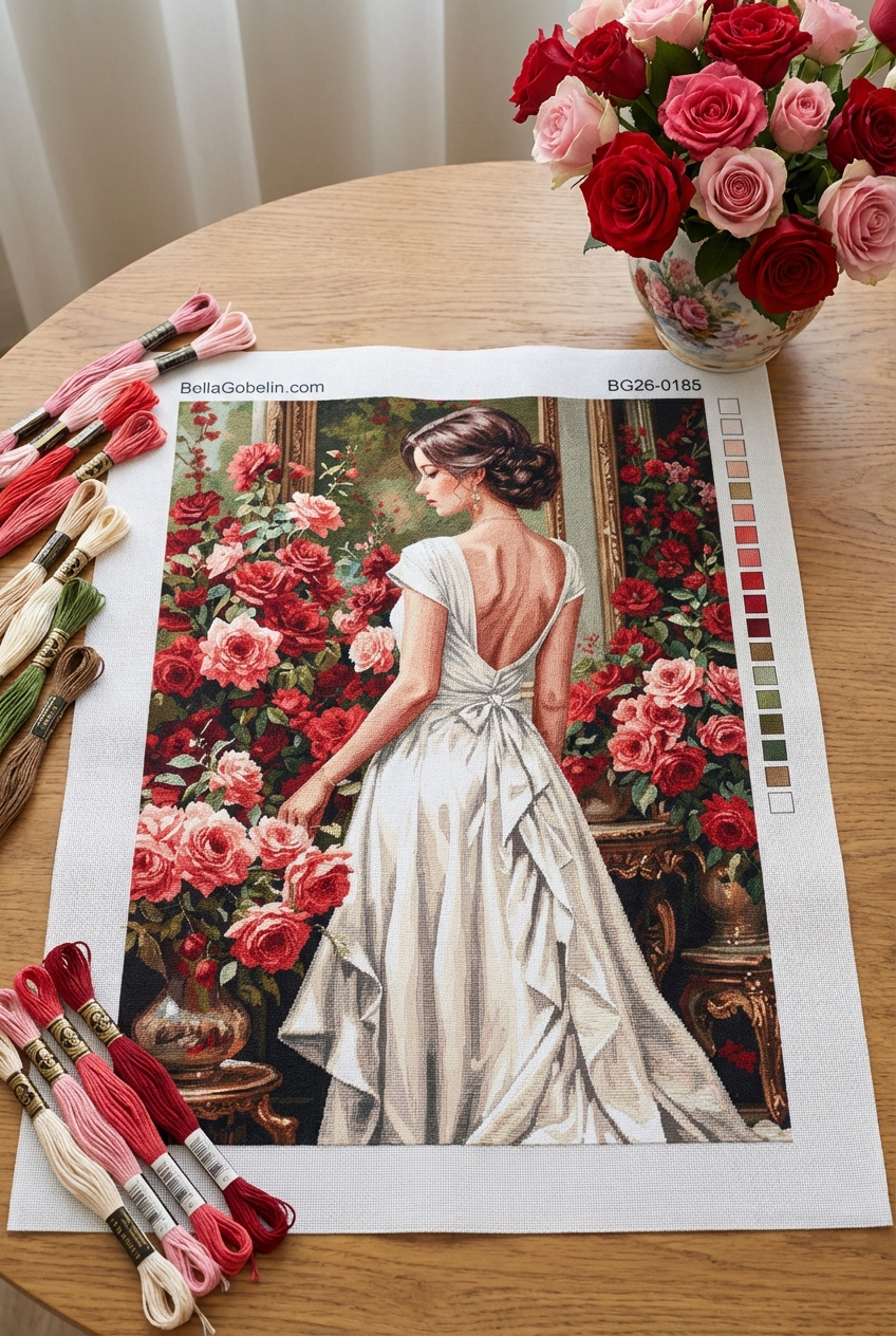 Woman in white dress with roses