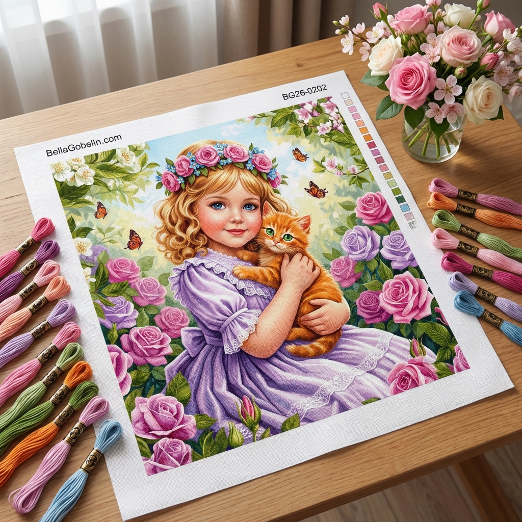 Girl, kitten, rose garden, flowers