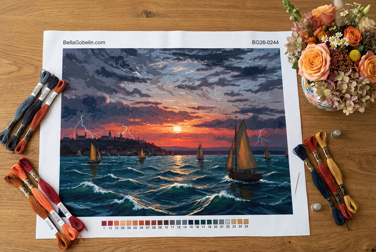 Stormy sunset with sailboats