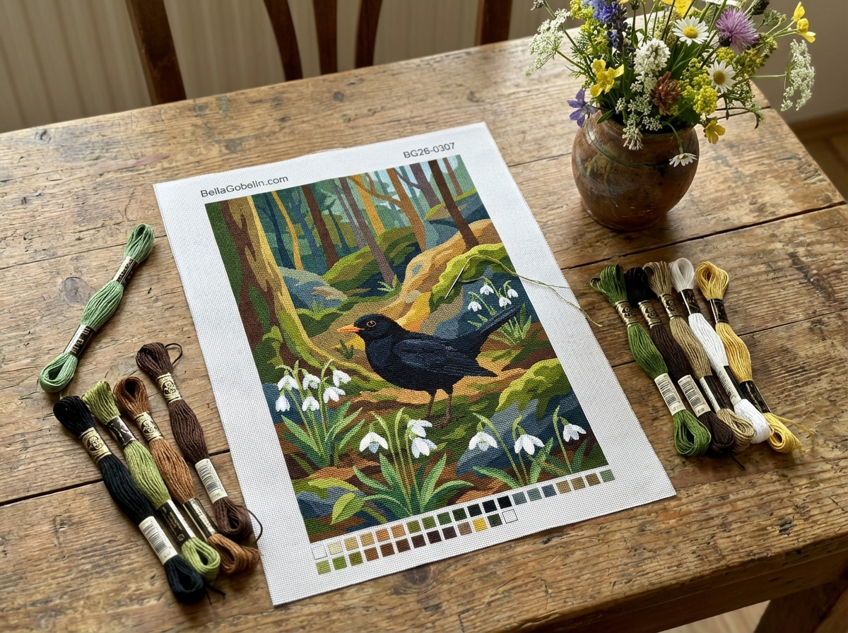 Blackbird with snowdrops in the forest