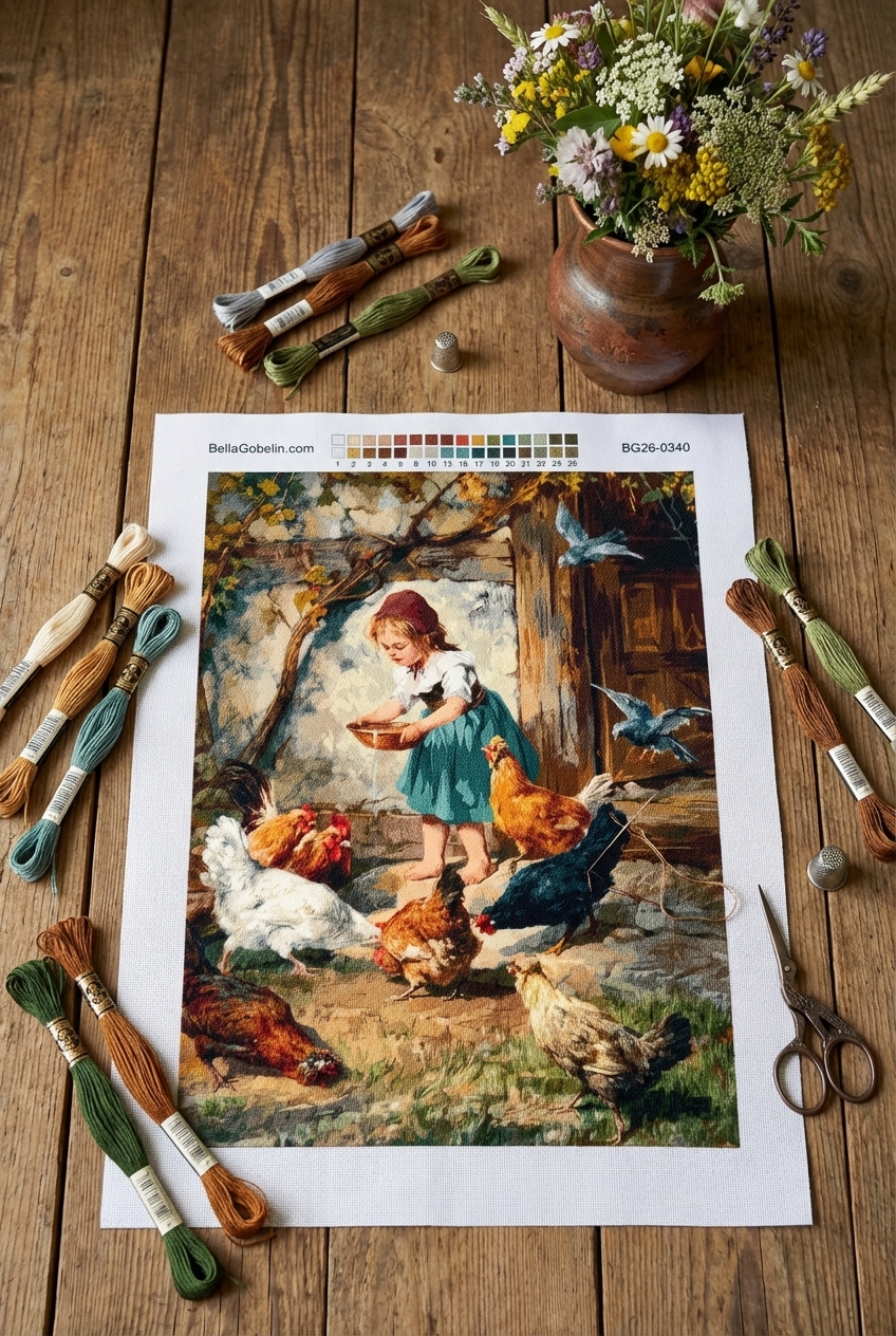 Little Girl in the Poultry Yard - Montemezzo Painting