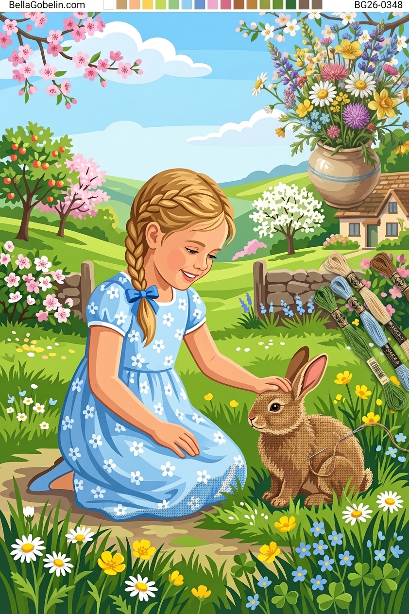 Girl with bunny in a spring landscape