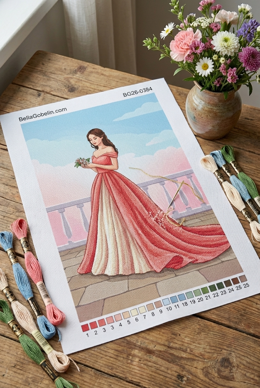 Girl with flowers in a pink dress