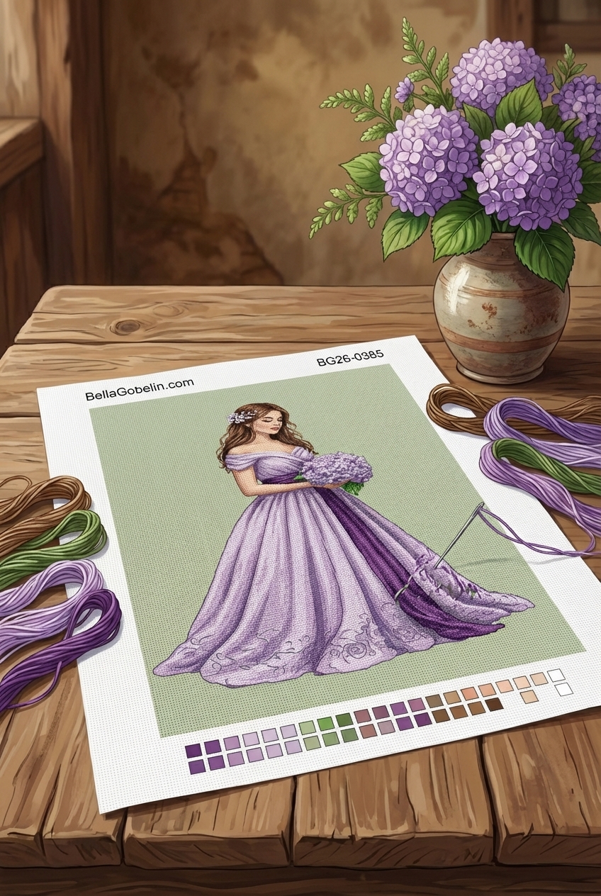 Girl in a purple dress with hydrangea