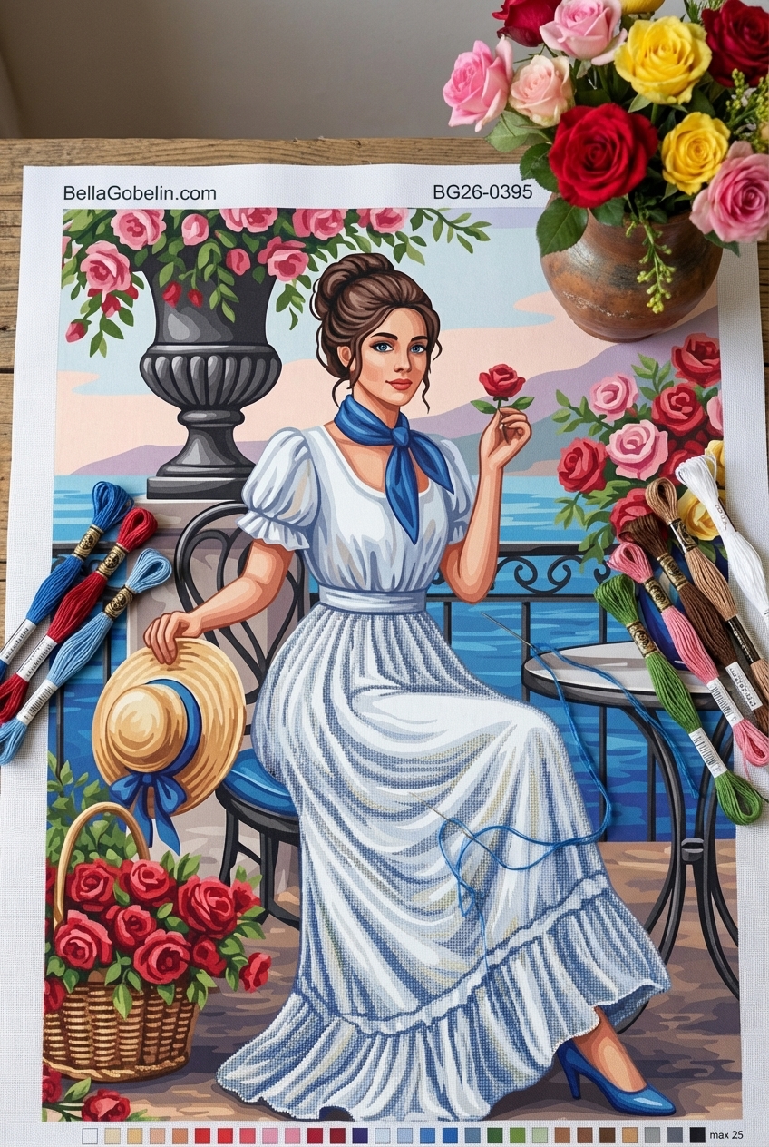 Woman with roses on the terrace