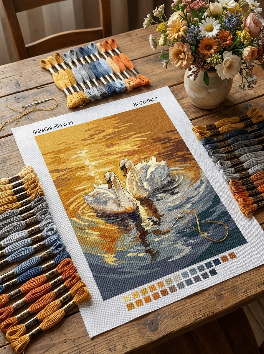 Swans on the golden water