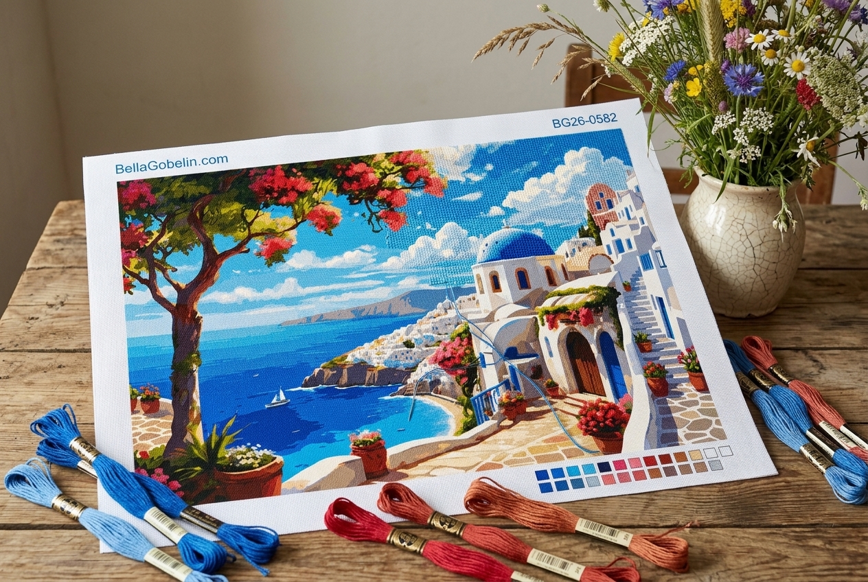 Greek seaside needlepoint view