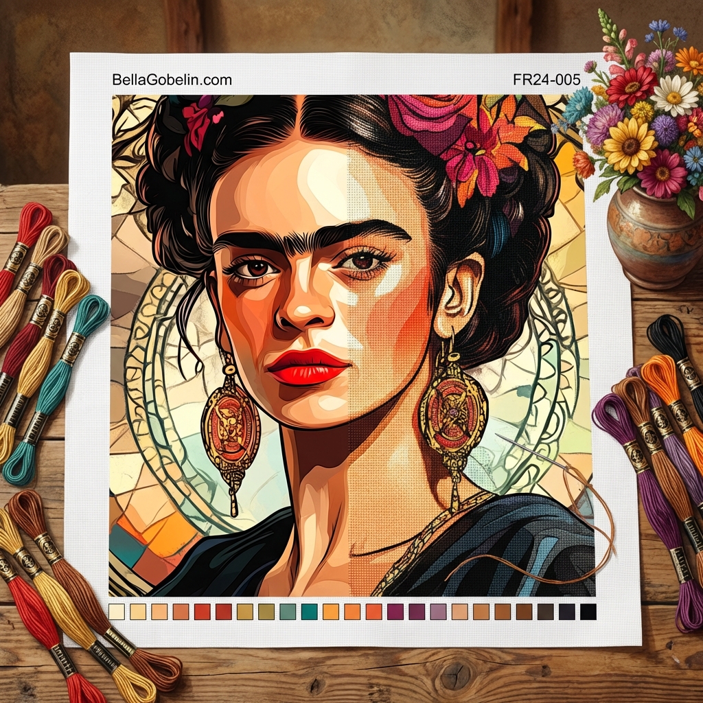 Frida Kahlo portrait in the style of Alphonse Mucha.