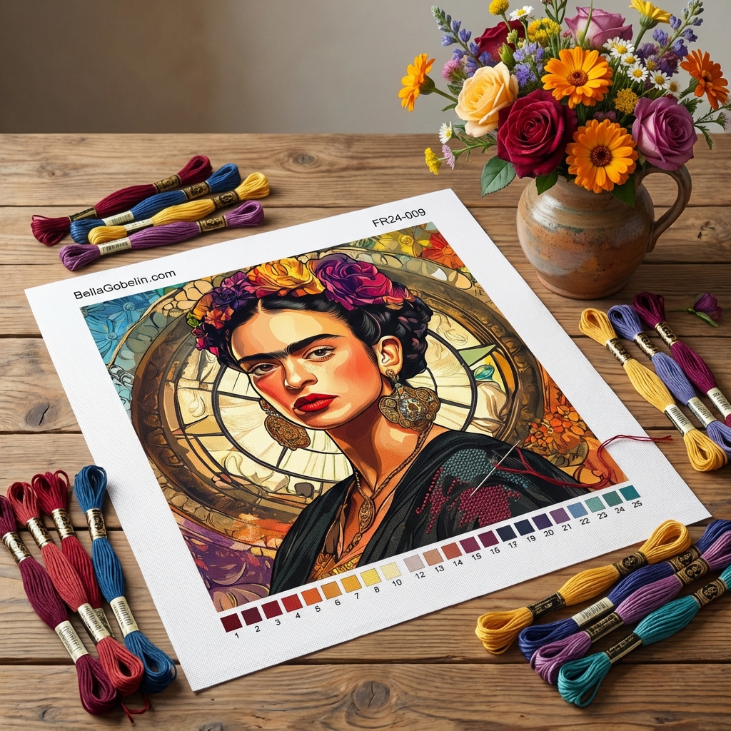 Frida Kahlo portrait in the style of Alphonse Mucha.