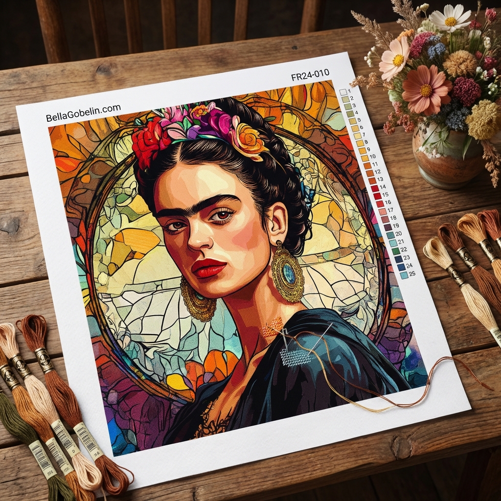 Frida Kahlo portrait in the style of Alphonse Mucha.