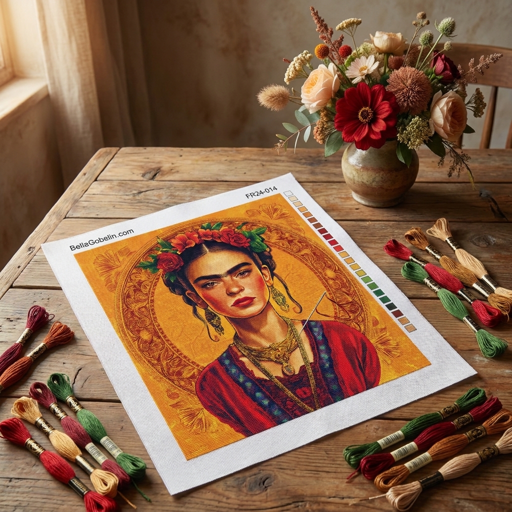 Frida Kahlo portrait in the style of Alphonse Mucha.