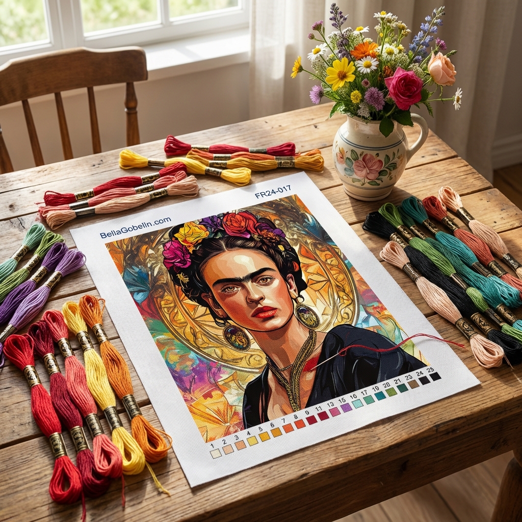 Frida Kahlo portrait in the style of Alphonse Mucha.