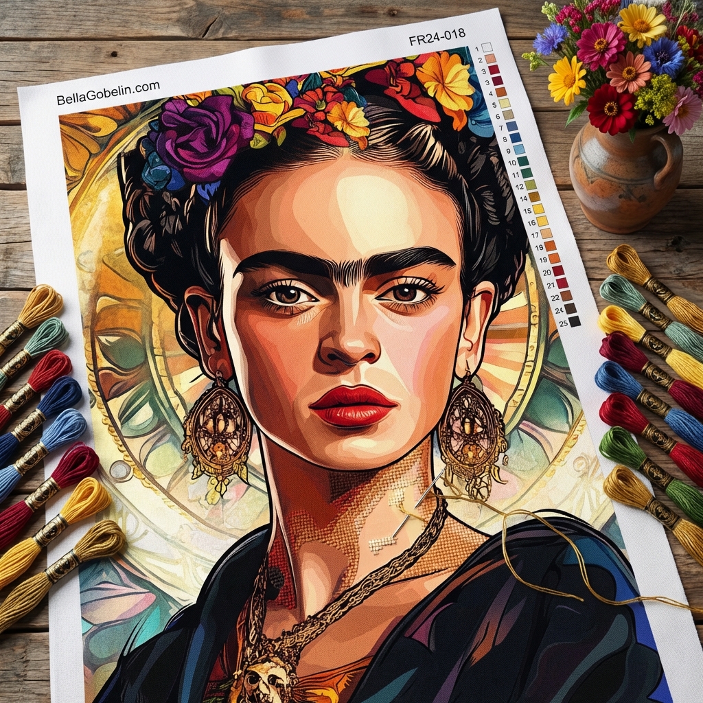 Frida Kahlo portrait in the style of Alphonse Mucha.