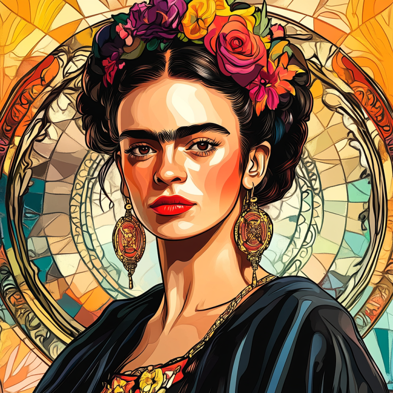Frida Kahlo portré Alphonse Mucha stílusban