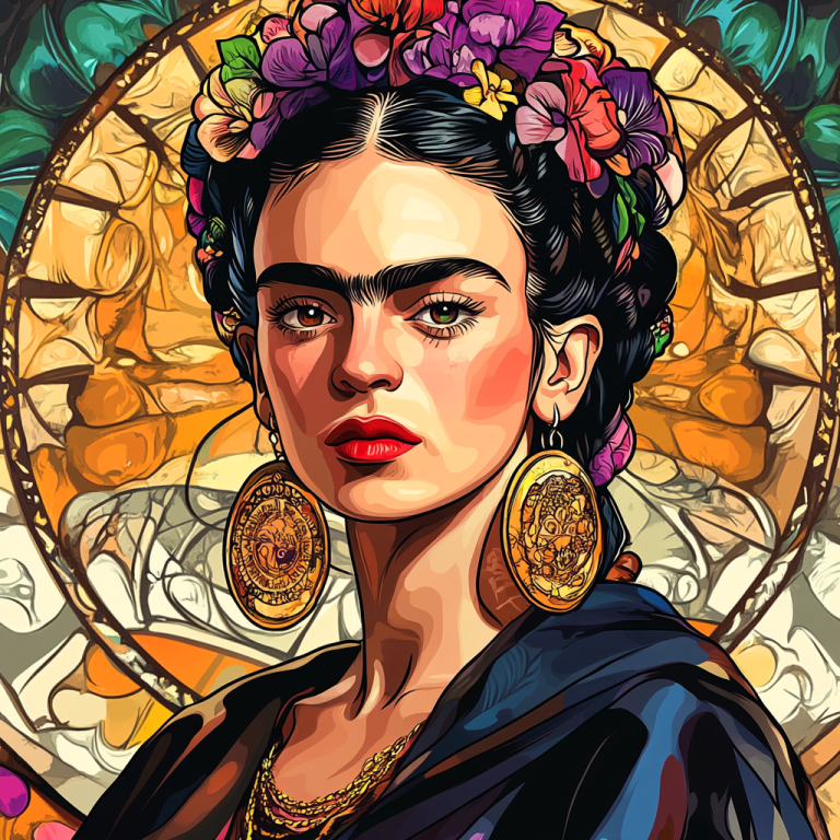 Frida Kahlo portré Alphonse Mucha stílusban