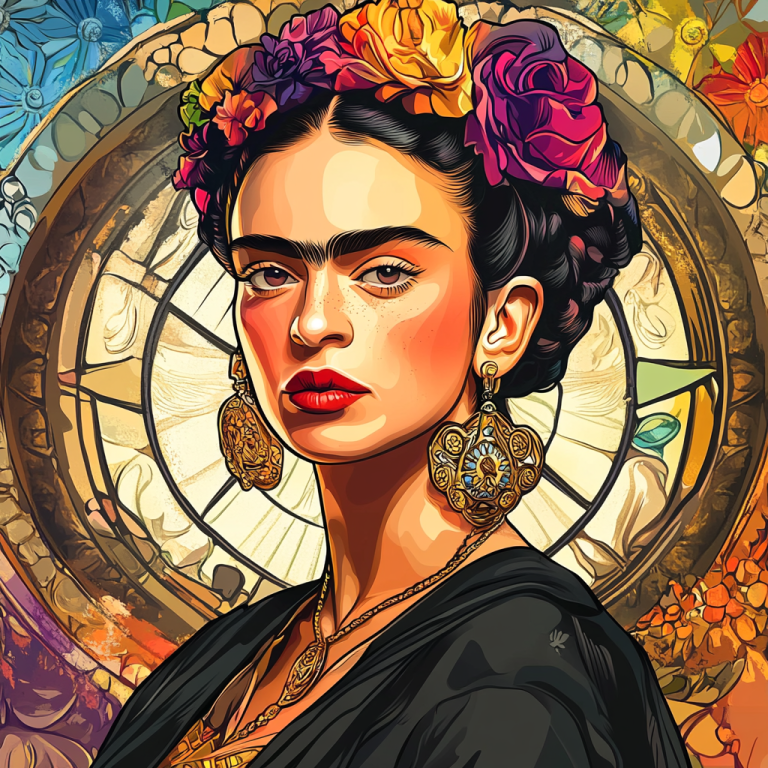 Frida Kahlo portré Alphonse Mucha stílusban