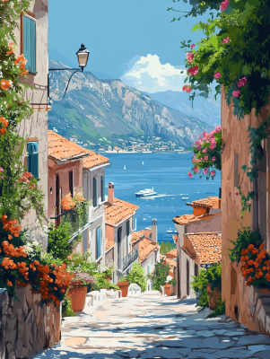 Mediterranean street with sea view and flowers