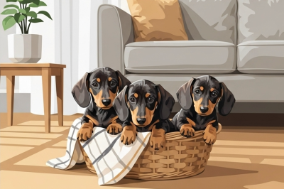 Dachshund puppies in a basket