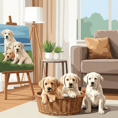 Labrador puppies in the living room