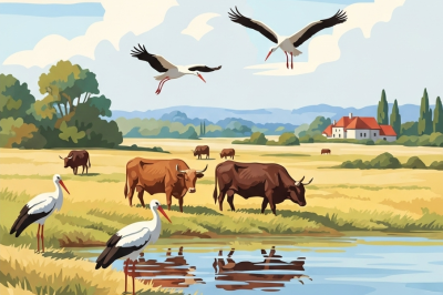 Oxen and storks at the lake