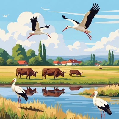 Herons and oxen by the lake