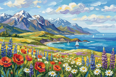 Spring Moment with Mountains and Seaside