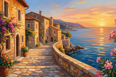 An Italian fishing village at sunset with a needlepoint tapestry