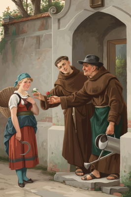 Friendly monks are giving flowers.