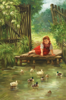 Little girl with ducks by the lake, featuring a needlepoint tapestry design