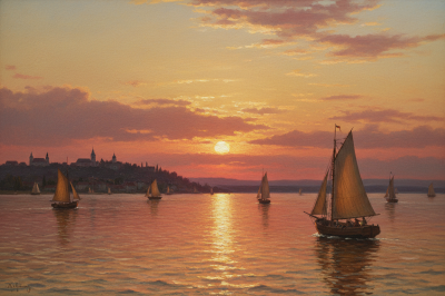Dubovszkoj - Sunset with Sailing Boats replica