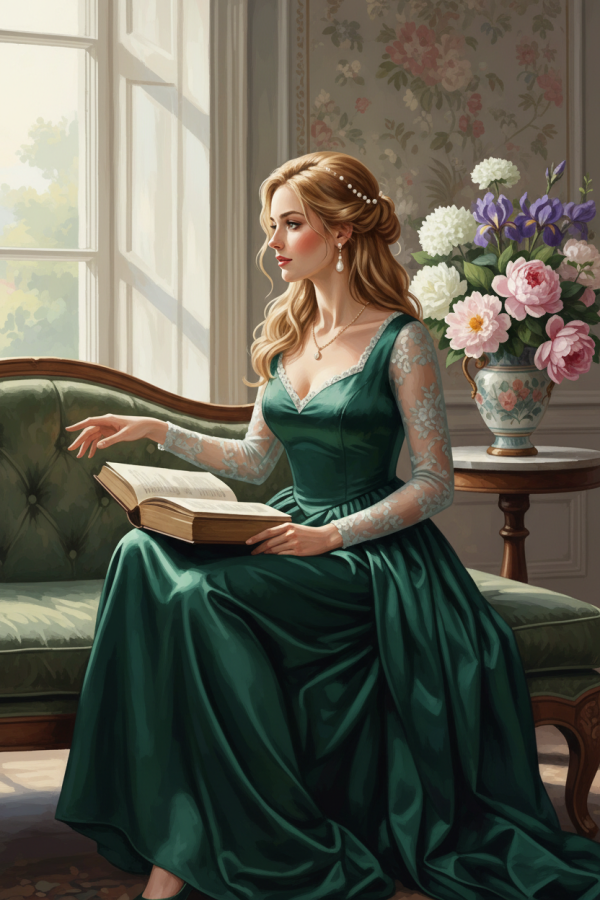 Lady reading a book in a green dress
